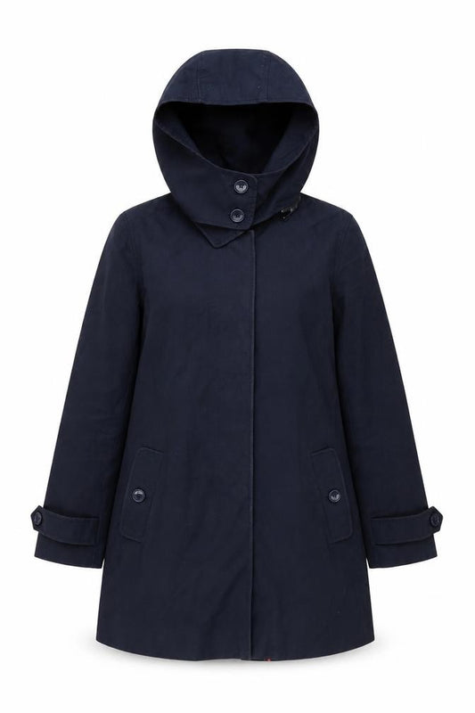 Front view of French Connection women’s blue trench coat coat, size UK 10, button