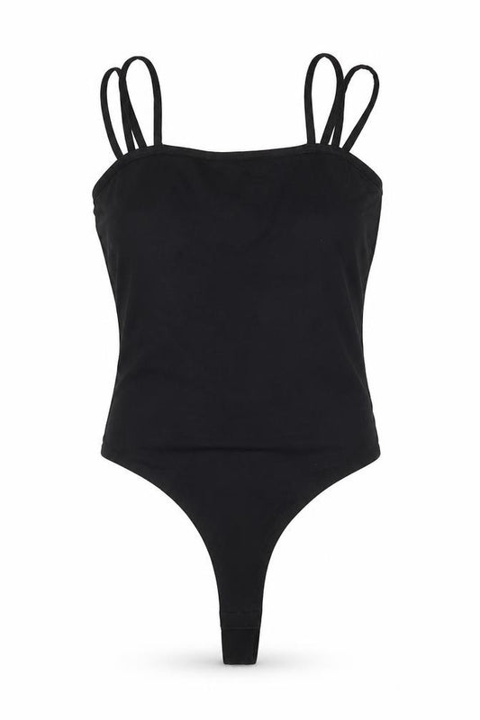 Front view of ASOS women’s black viscose bodysuit one-piece, size UK 8, snap