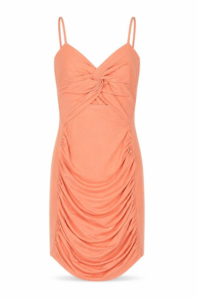 Front view of Boohoo women’s pink polyester mini, size UK 8, sweetheart pullover - rouched knot detail