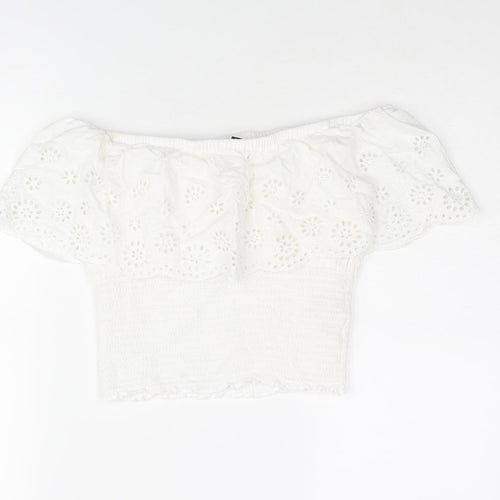 New Look Girls White Viscose Basic Blouse Size 15 Years Off the Shoulder Pullover - Rouched Lace Detail