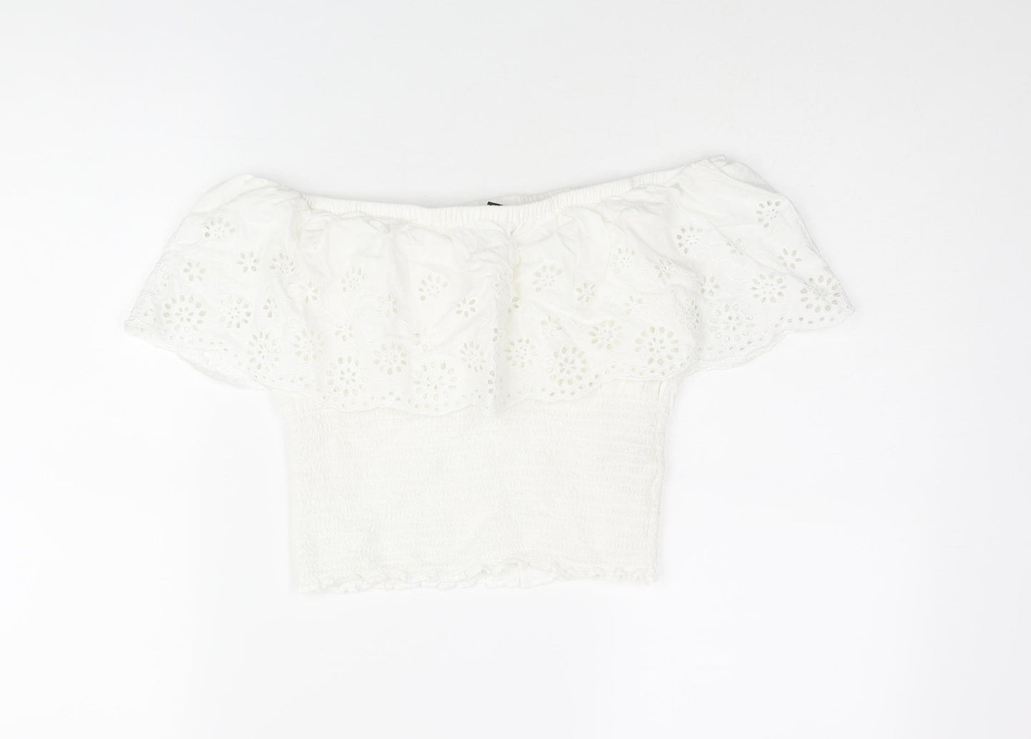 New Look Girls White Viscose Basic Blouse Size 15 Years Off the Shoulder Pullover - Rouched Lace Detail