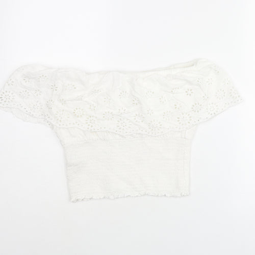 New Look Girls White Viscose Basic Blouse Size 15 Years Off the Shoulder Pullover - Rouched Lace Detail