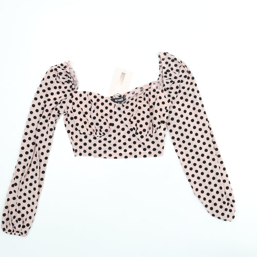 Missguided Womens Pink Polka Dot Polyester Cropped Blouse Size 8 Sweetheart - Semi Sheer