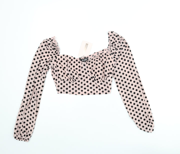 Missguided Womens Pink Polka Dot Polyester Cropped Blouse Size 8 Sweetheart - Semi Sheer