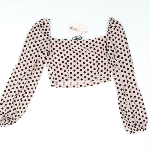 Missguided Womens Pink Polka Dot Polyester Cropped Blouse Size 8 Sweetheart - Semi Sheer