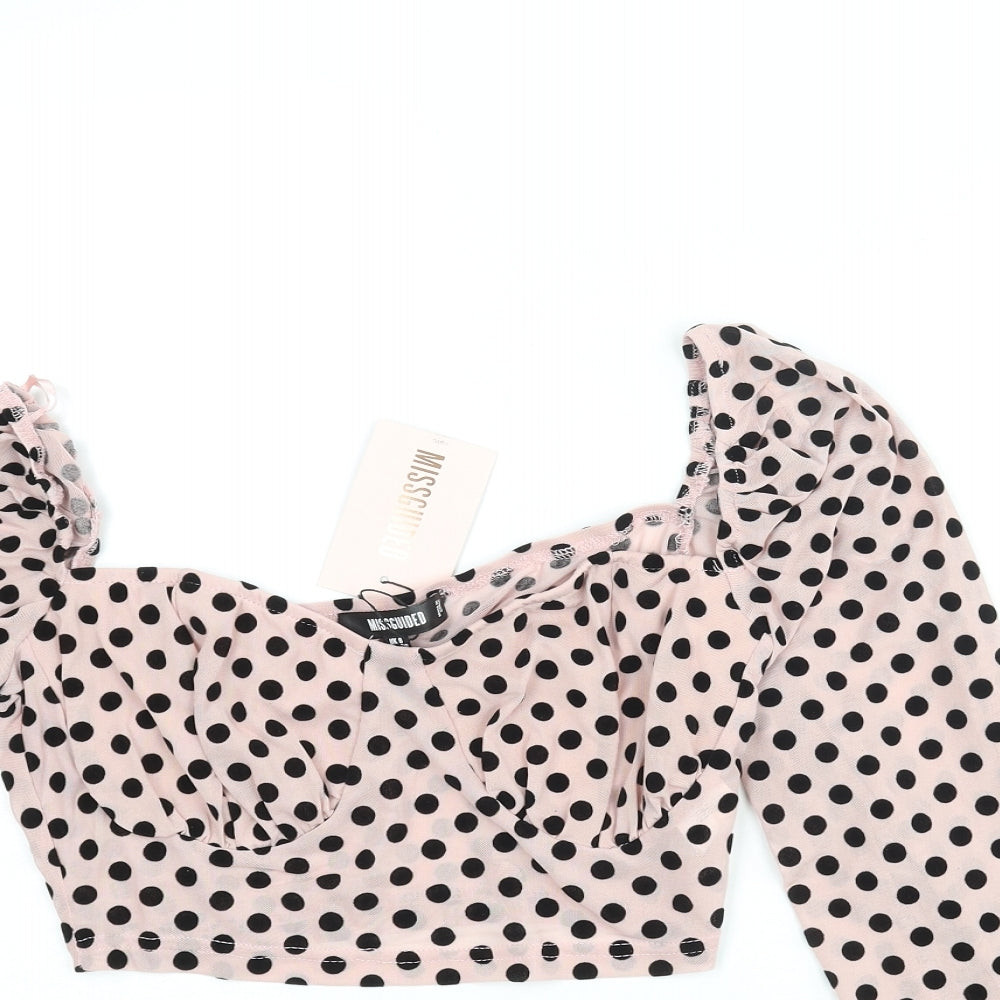 Missguided Womens Pink Polka Dot Polyester Cropped Blouse Size 8 Sweetheart - Semi Sheer