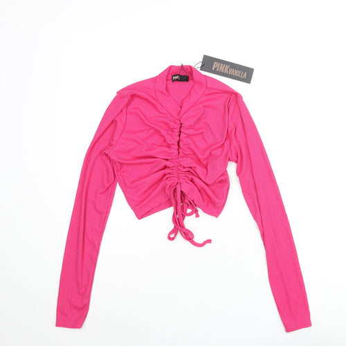 Pink Vanilla Womens Pink Polyester Cropped Blouse Size M Mock Neck - Keyhole Neck Drawstring