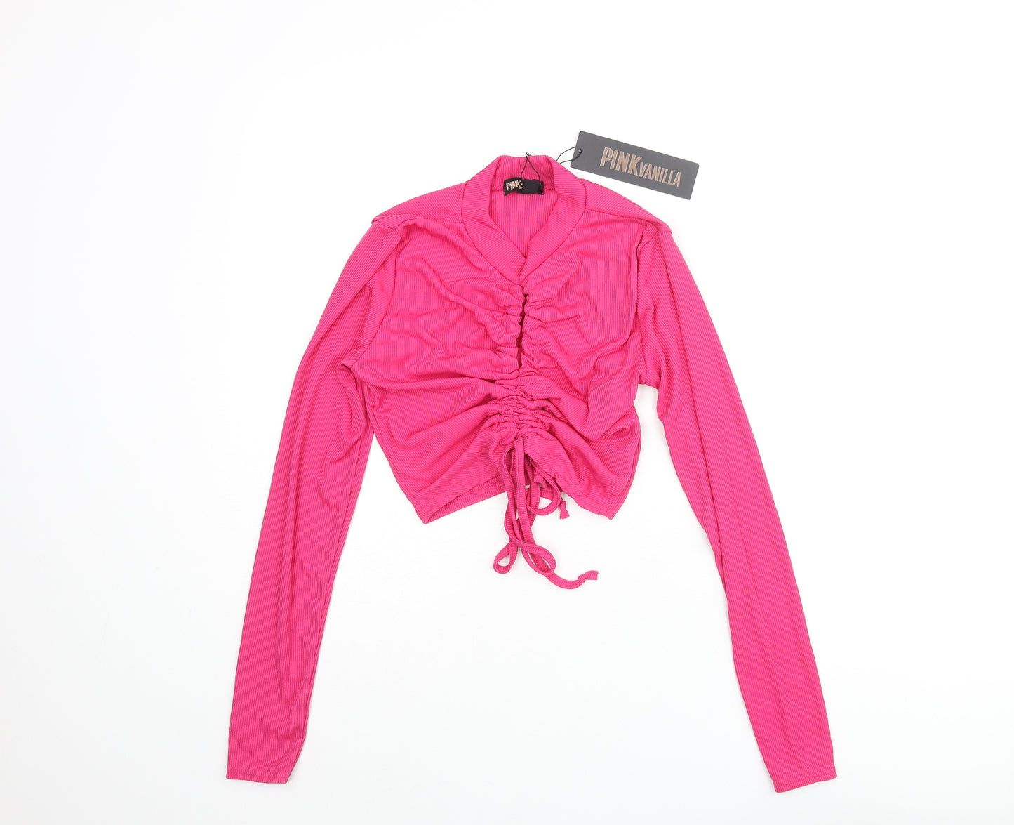 Pink Vanilla Womens Pink Polyester Cropped Blouse Size M Mock Neck - Keyhole Neck Drawstring