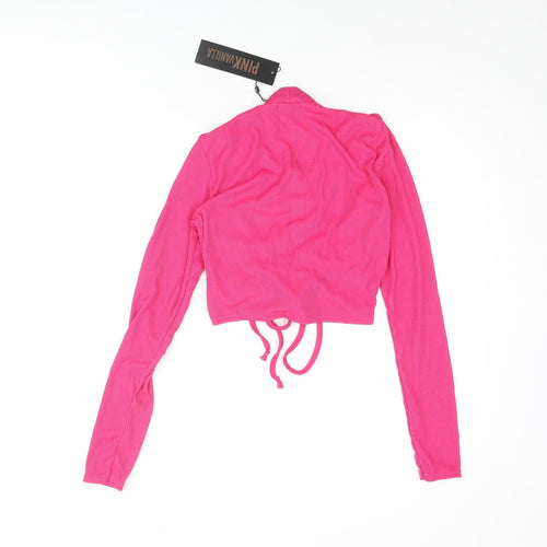 Pink Vanilla Womens Pink Polyester Cropped Blouse Size M Mock Neck - Keyhole Neck Drawstring