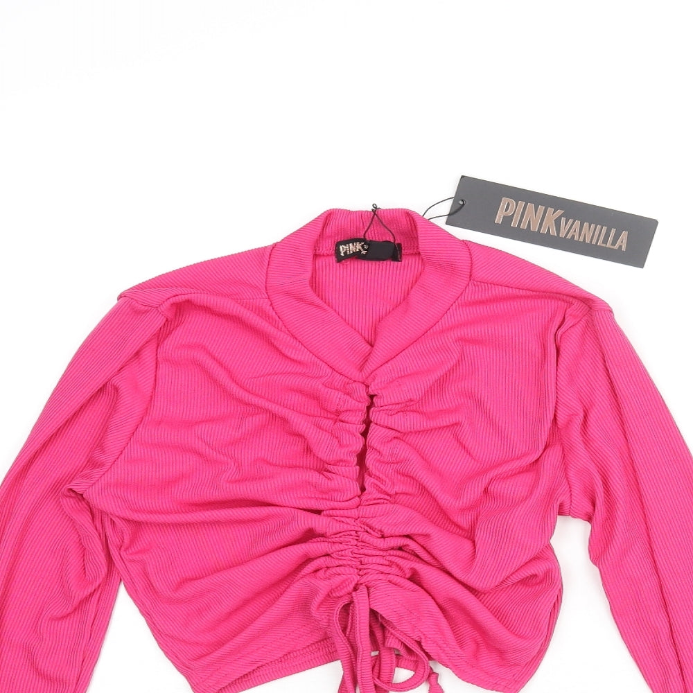 Pink Vanilla Womens Pink Polyester Cropped Blouse Size M Mock Neck - Keyhole Neck Drawstring