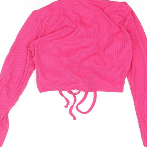 Pink Vanilla Womens Pink Polyester Cropped Blouse Size M Mock Neck - Keyhole Neck Drawstring