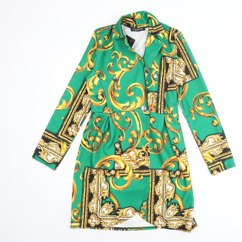 Stylewise Womens Gold Geometric Polyester Jacket Dress Size 6 Collared Button