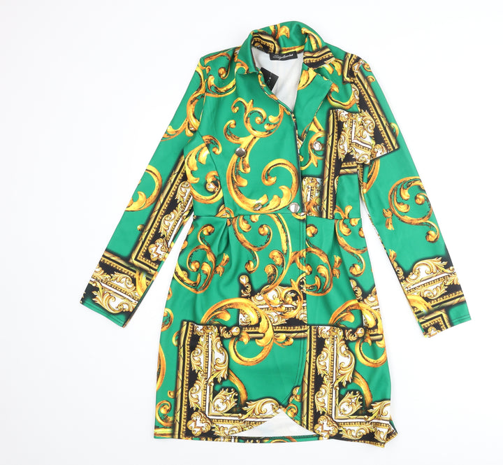 Stylewise Womens Gold Geometric Polyester Jacket Dress Size 6 Collared Button