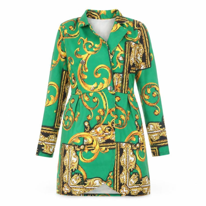 Front view of Stylewise women’s gold geometric polyester jacket dress, size UK 6, collared button