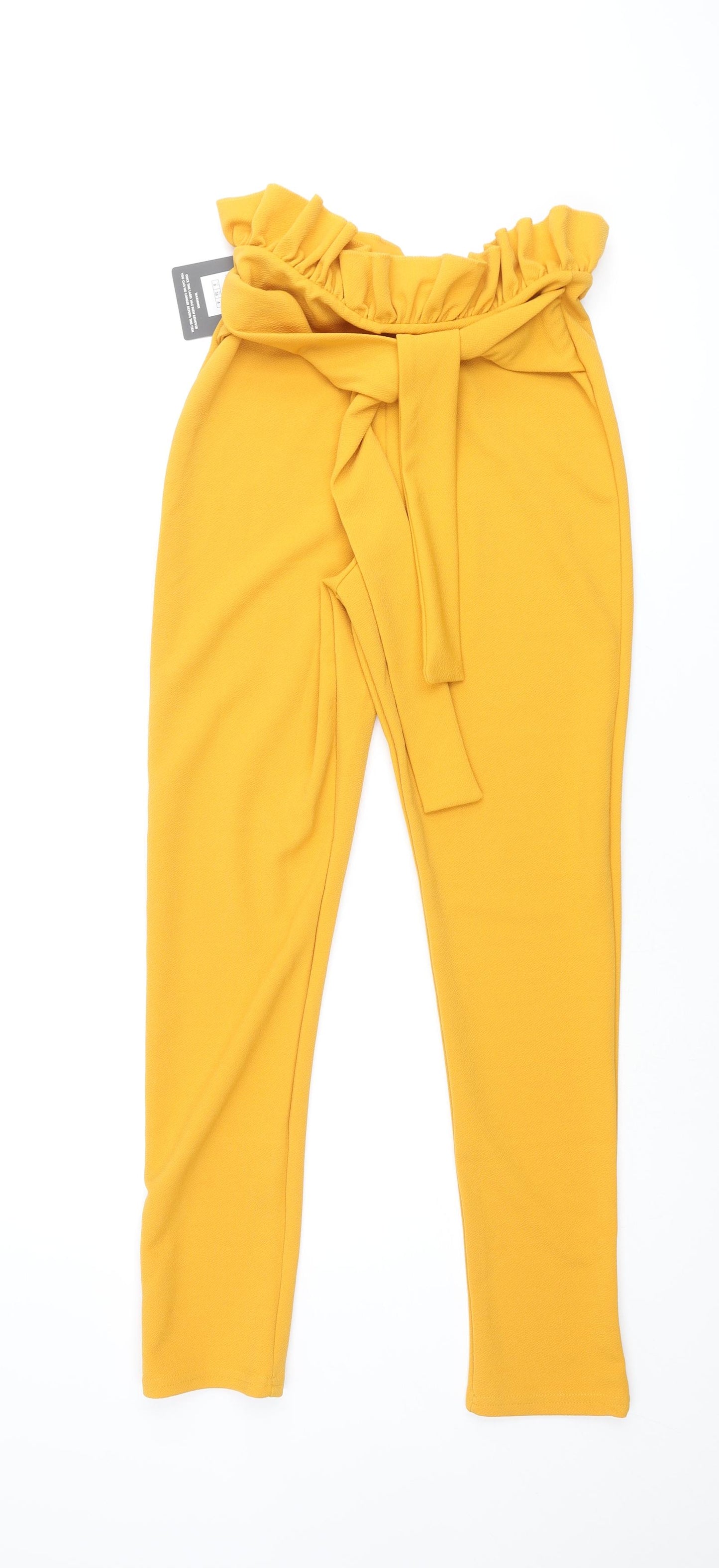PRETTYLITTLETHING Womens Yellow Polyester Trousers Size 8 L30 in Regular - Frill Waistband Belted