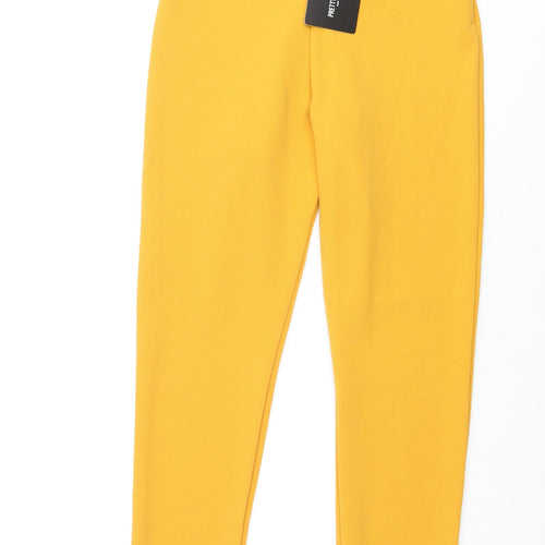 PRETTYLITTLETHING Womens Yellow Polyester Trousers Size 8 L30 in Regular - Frill Waistband Belted