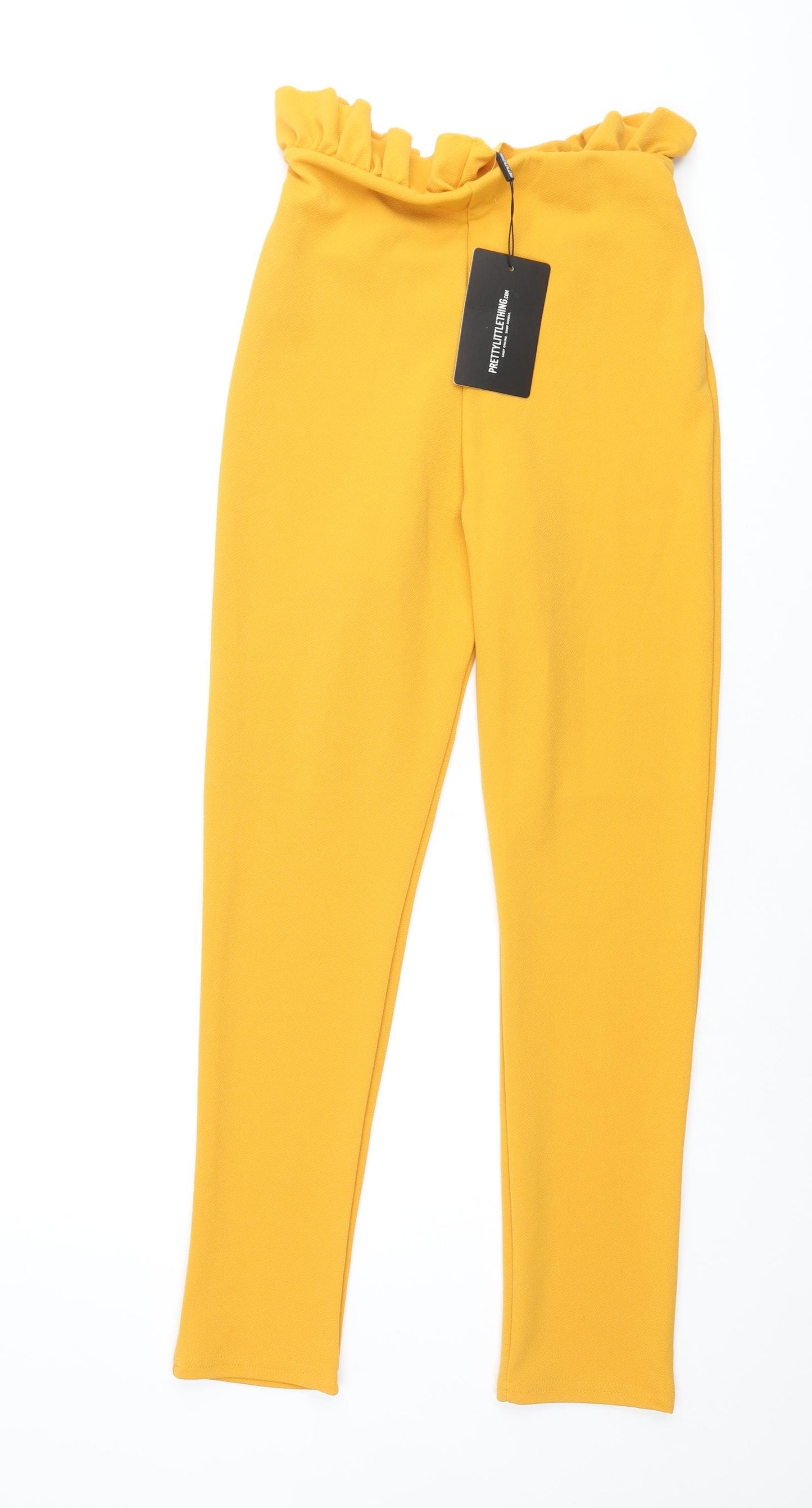 PRETTYLITTLETHING Womens Yellow Polyester Trousers Size 8 L30 in Regular - Frill Waistband Belted