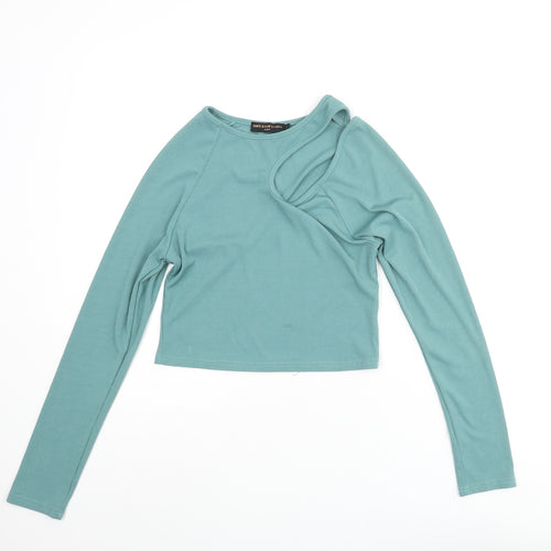 Amy & Clo Womens Green Polyester Cropped Blouse Size M Round Neck - Cut Out Detail Size M-L