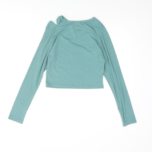 Amy & Clo Womens Green Polyester Cropped Blouse Size M Round Neck - Cut Out Detail Size M-L