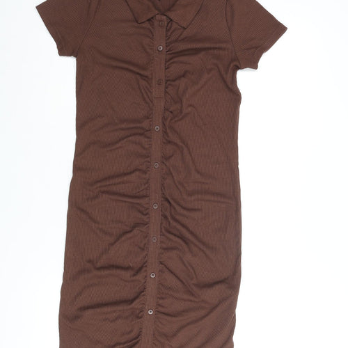 Cropp Womens Brown Polyester Bodycon Size M Collared Pullover - Rouched Button Detail