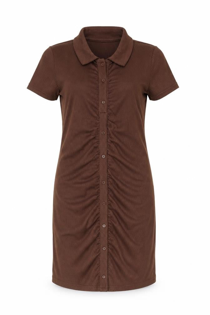 Front view of Cropp women’s brown polyester bodycon, size M, collared pullover - rouched button detail