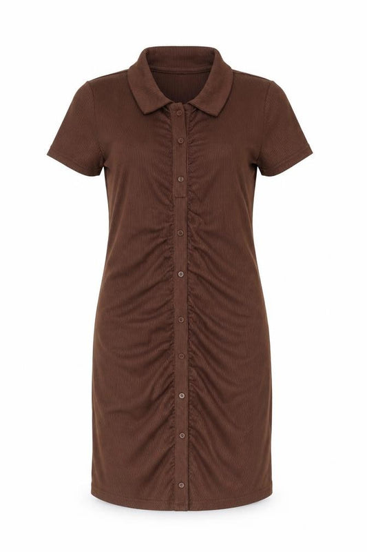 Front view of Cropp women’s brown polyester bodycon, size M, collared pullover - rouched button detail