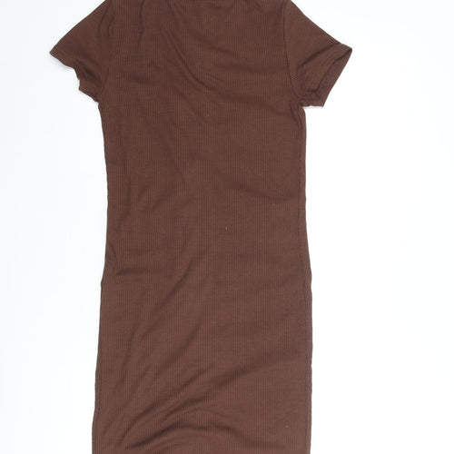 Cropp Womens Brown Polyester Bodycon Size M Collared Pullover - Rouched Button Detail