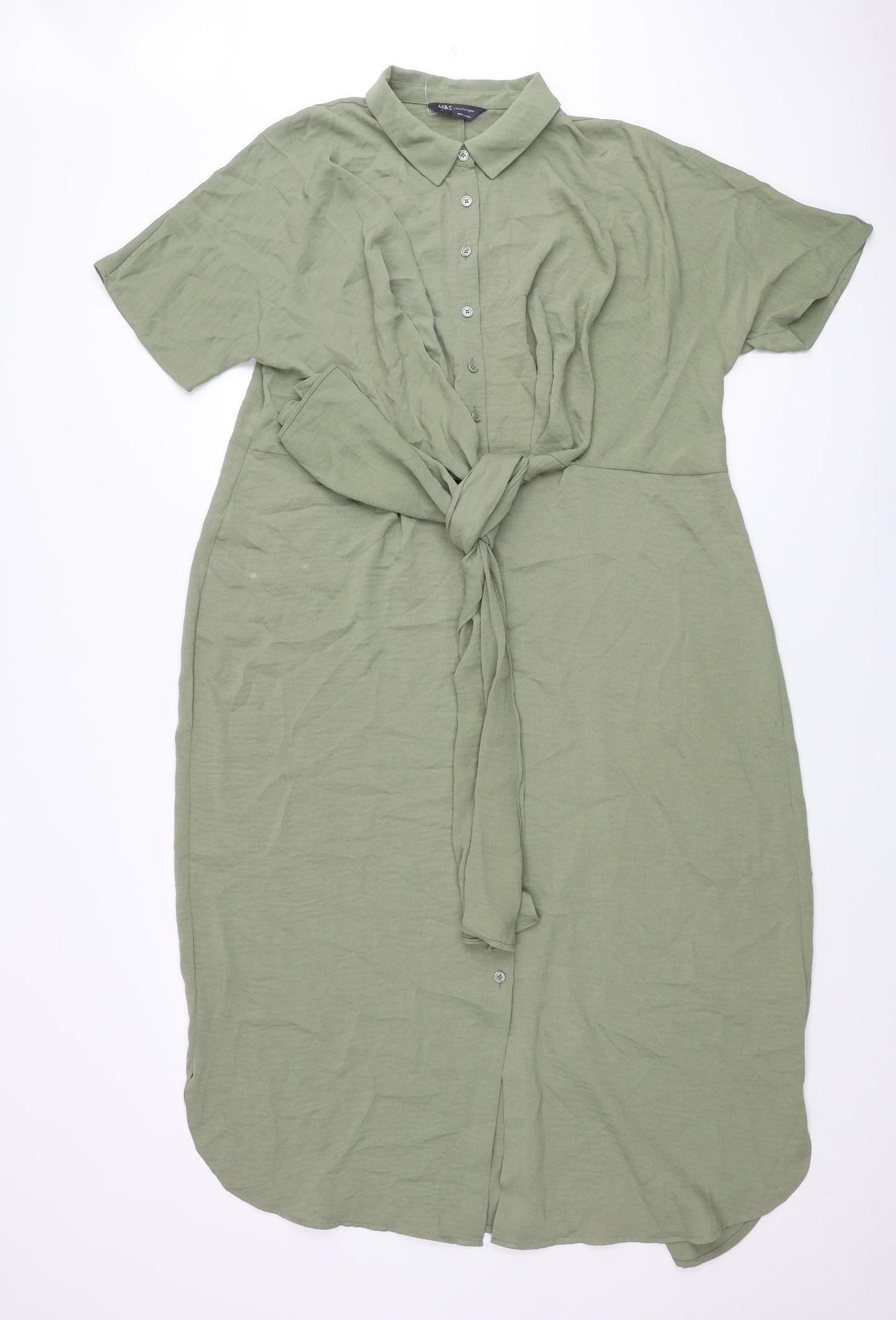 Marks and Spencer Womens Green Polyester Shirt Dress Size 16 Collared Button - Tie Detail