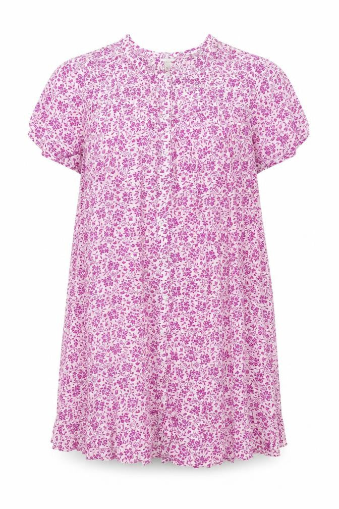 Front view of Per Una women’s purple viscose shift, size UK 16, round neck button - belted