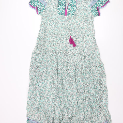 Per Una Womens Green Floral Cotton Maxi Size 12 V-Neck Tie