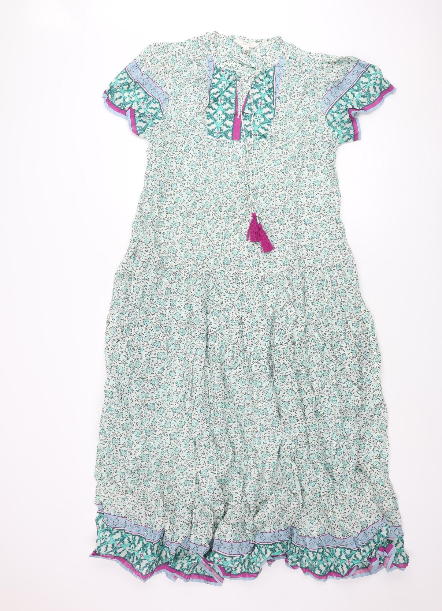 Per Una Womens Green Floral Cotton Maxi Size 12 V-Neck Tie
