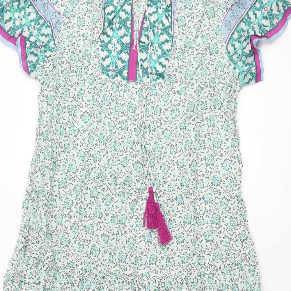 Per Una Womens Green Floral Cotton Maxi Size 12 V-Neck Tie