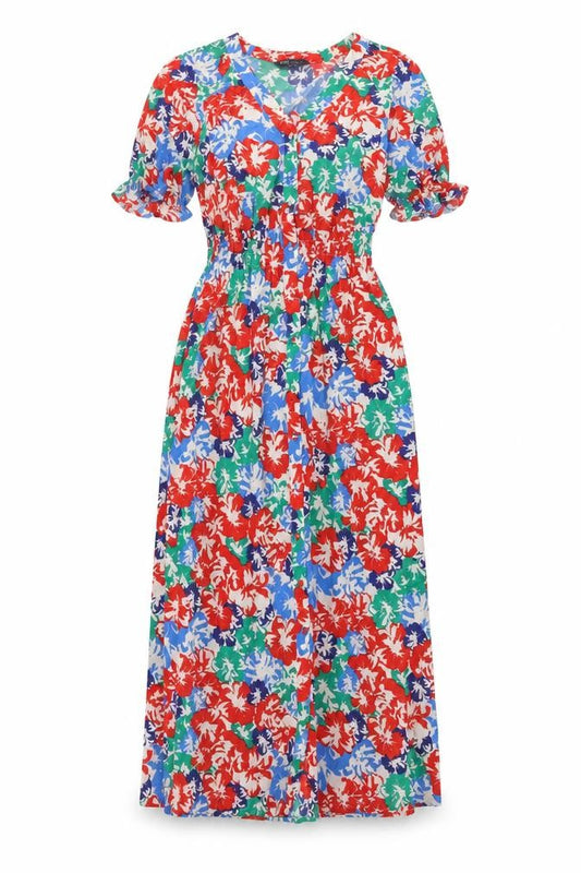 Front view of Marks & Spencer women’s multicoloured floral polyester maxi, size UK 8, v-neck button