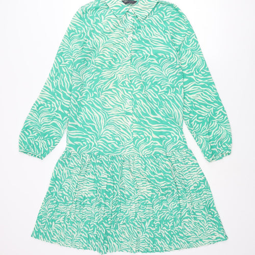 Marks and Spencer Womens Green Animal Print Polyester Shirt Dress Size 6 Collared Button - Pleated Zebra Print