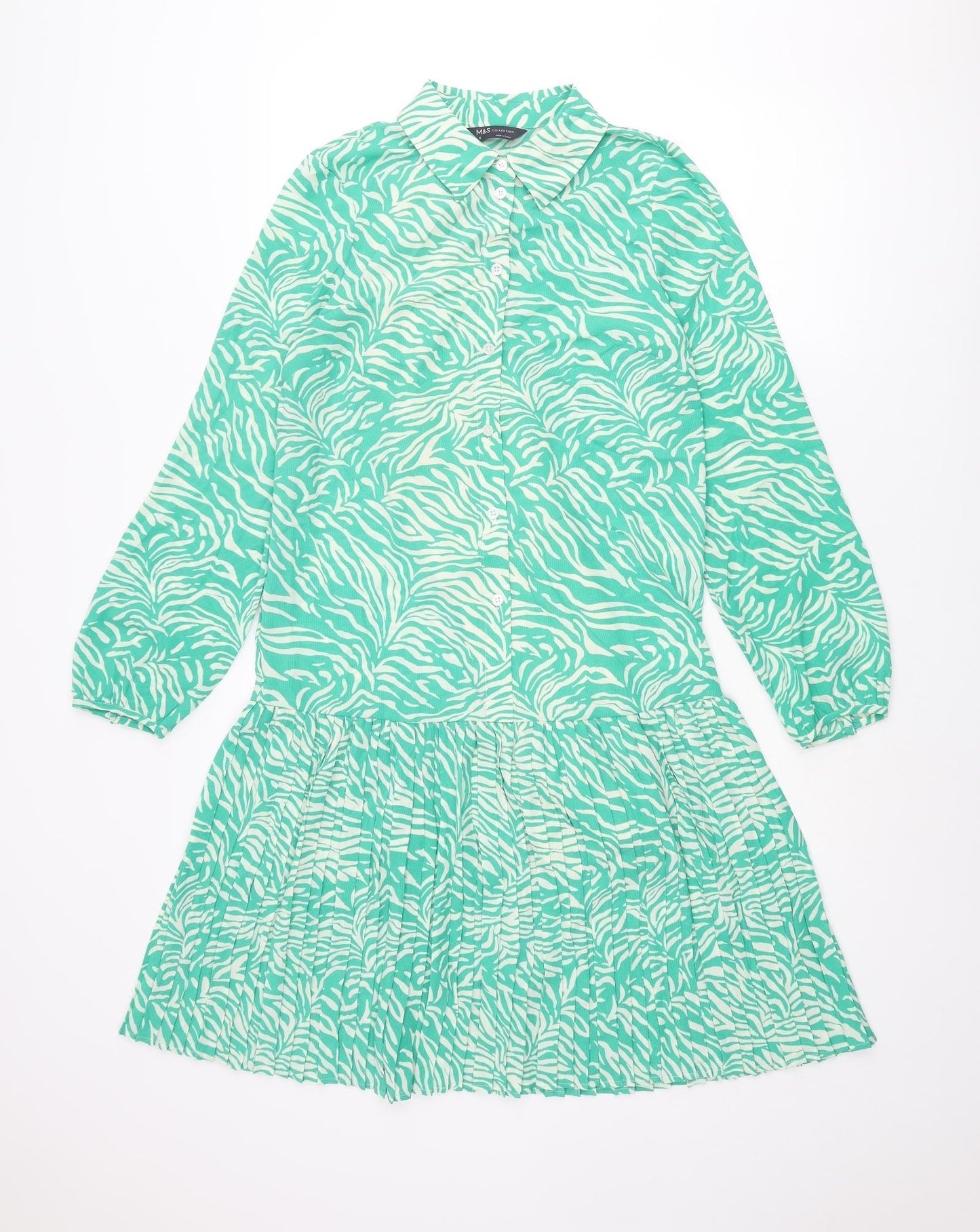 Marks and Spencer Womens Green Animal Print Polyester Shirt Dress Size 6 Collared Button - Pleated Zebra Print