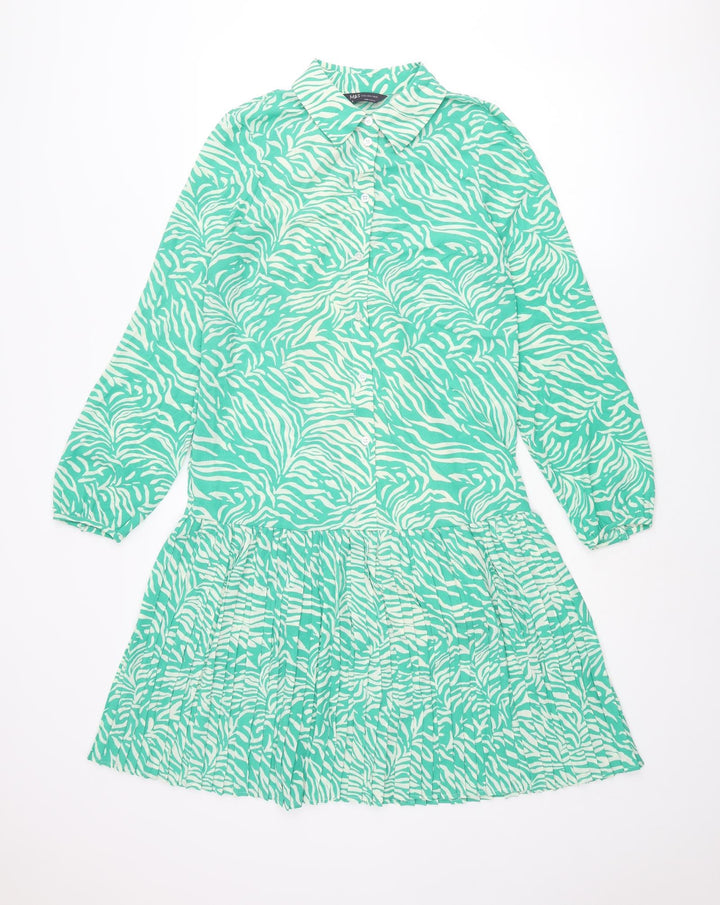 Marks and Spencer Womens Green Animal Print Polyester Shirt Dress Size 6 Collared Button - Pleated Zebra Print