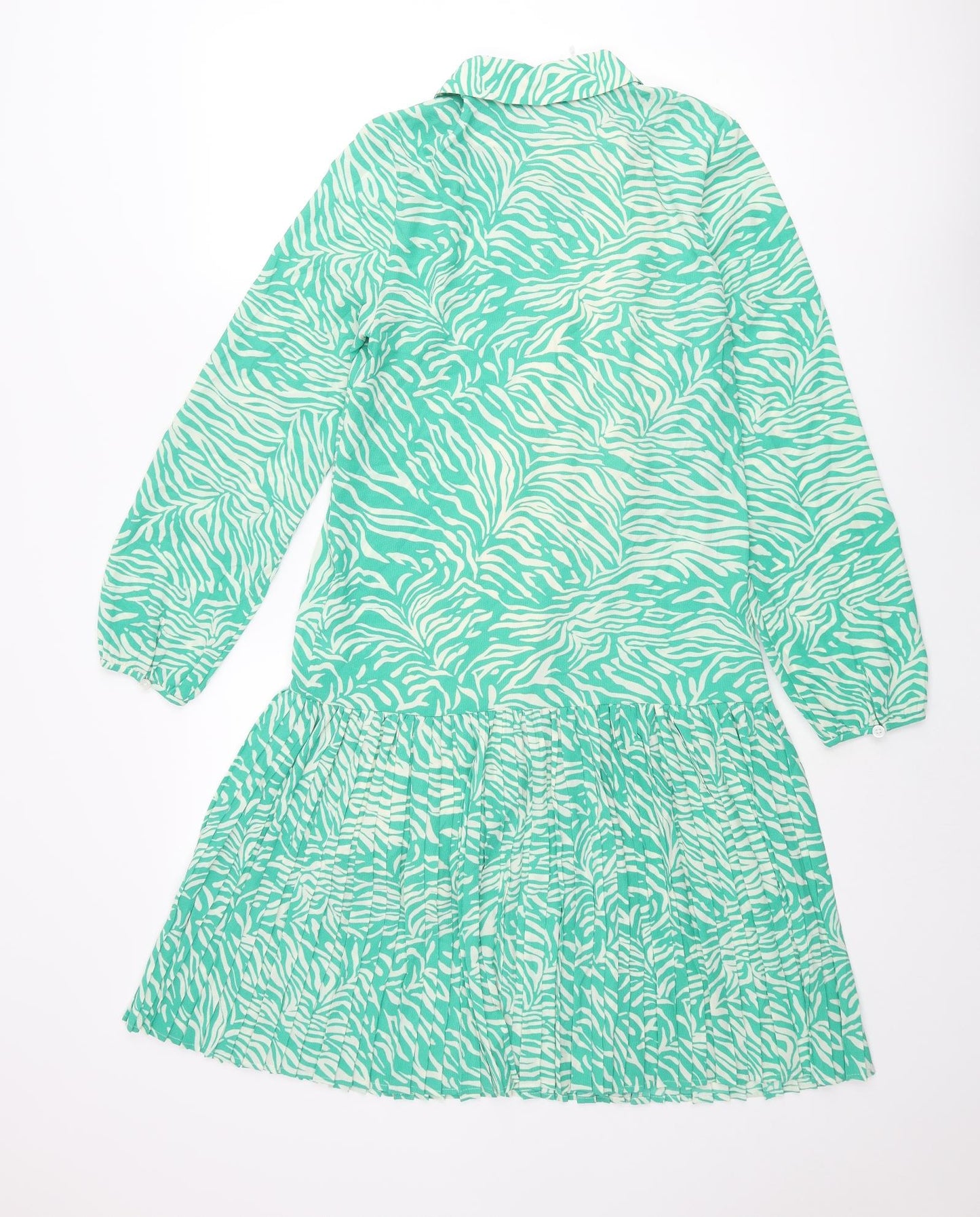 Marks and Spencer Womens Green Animal Print Polyester Shirt Dress Size 6 Collared Button - Pleated Zebra Print