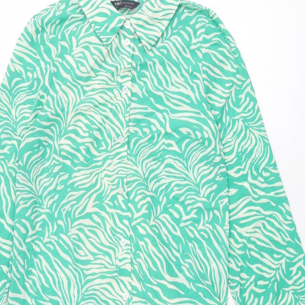 Marks and Spencer Womens Green Animal Print Polyester Shirt Dress Size 6 Collared Button - Pleated Zebra Print