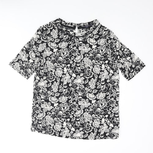 Marks and Spencer Womens Black Floral Polyester Basic Blouse Size 8 Round Neck