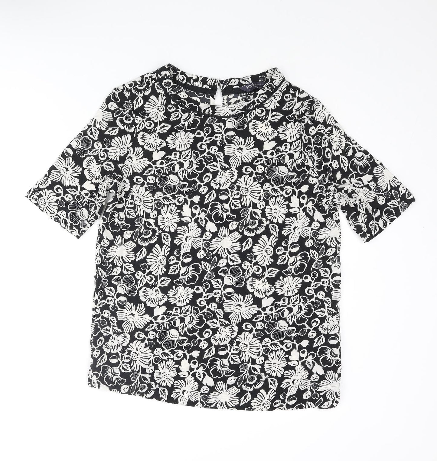 Marks and Spencer Womens Black Floral Polyester Basic Blouse Size 8 Round Neck