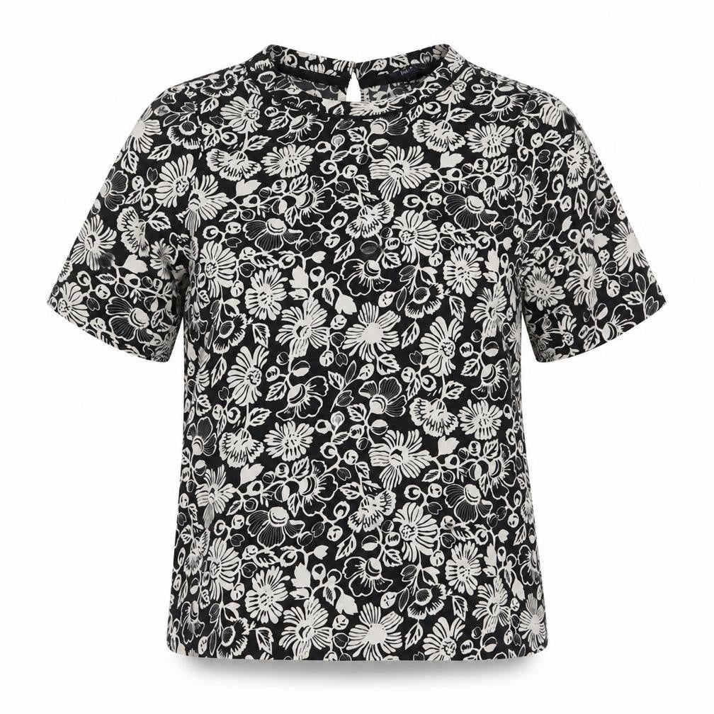 Front view of Marks & Spencer women’s black floral polyester basic blouse, size UK 8, round neck