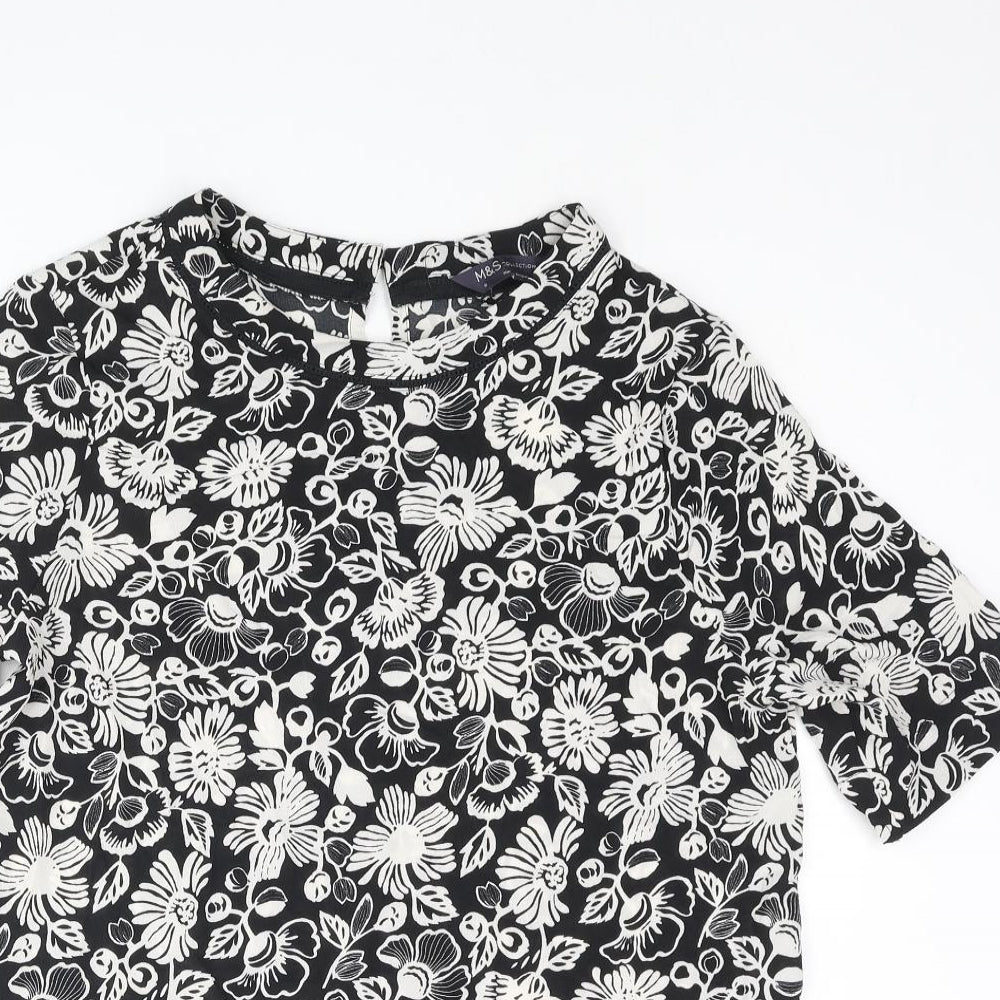 Marks and Spencer Womens Black Floral Polyester Basic Blouse Size 8 Round Neck