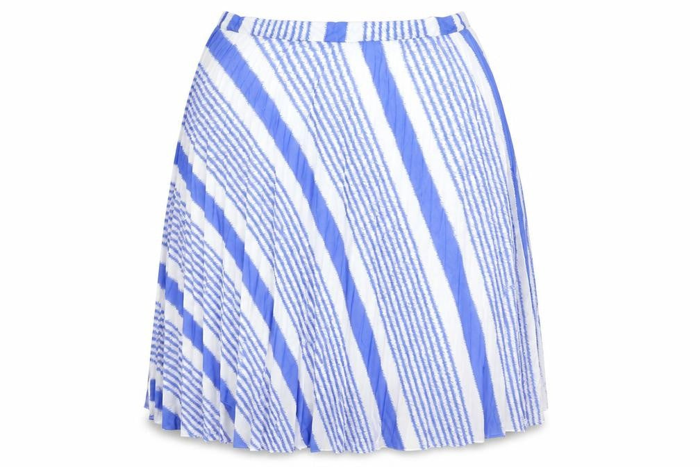 Front view of Marks & Spencer women’s blue geometric polyester pleated skirt, size UK 22