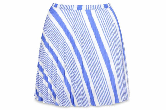 Front view of Marks & Spencer women’s blue geometric polyester pleated skirt, size UK 22