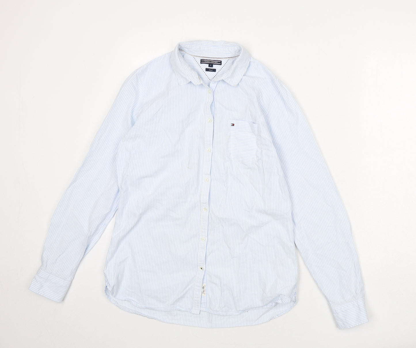 Tommy Hilfiger Womens Blue Striped 100% Cotton Basic Button-Up Size 8 Collared - Fitted