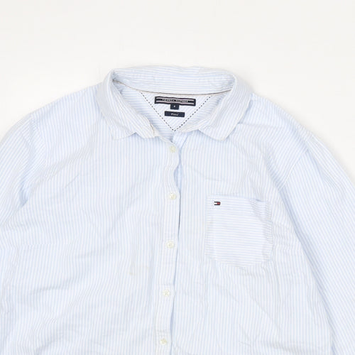 Tommy Hilfiger Womens Blue Striped 100% Cotton Basic Button-Up Size 8 Collared - Fitted