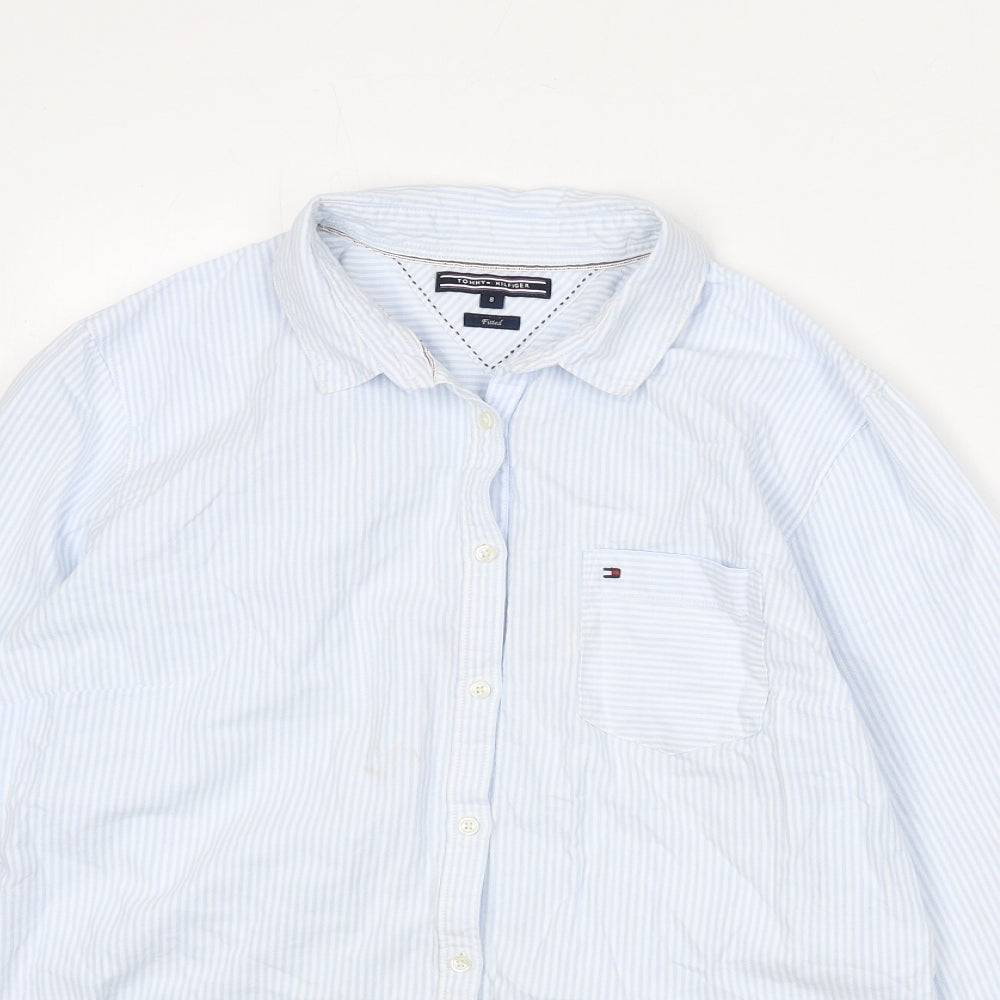 Tommy Hilfiger Womens Blue Striped 100% Cotton Basic Button-Up Size 8 Collared - Fitted