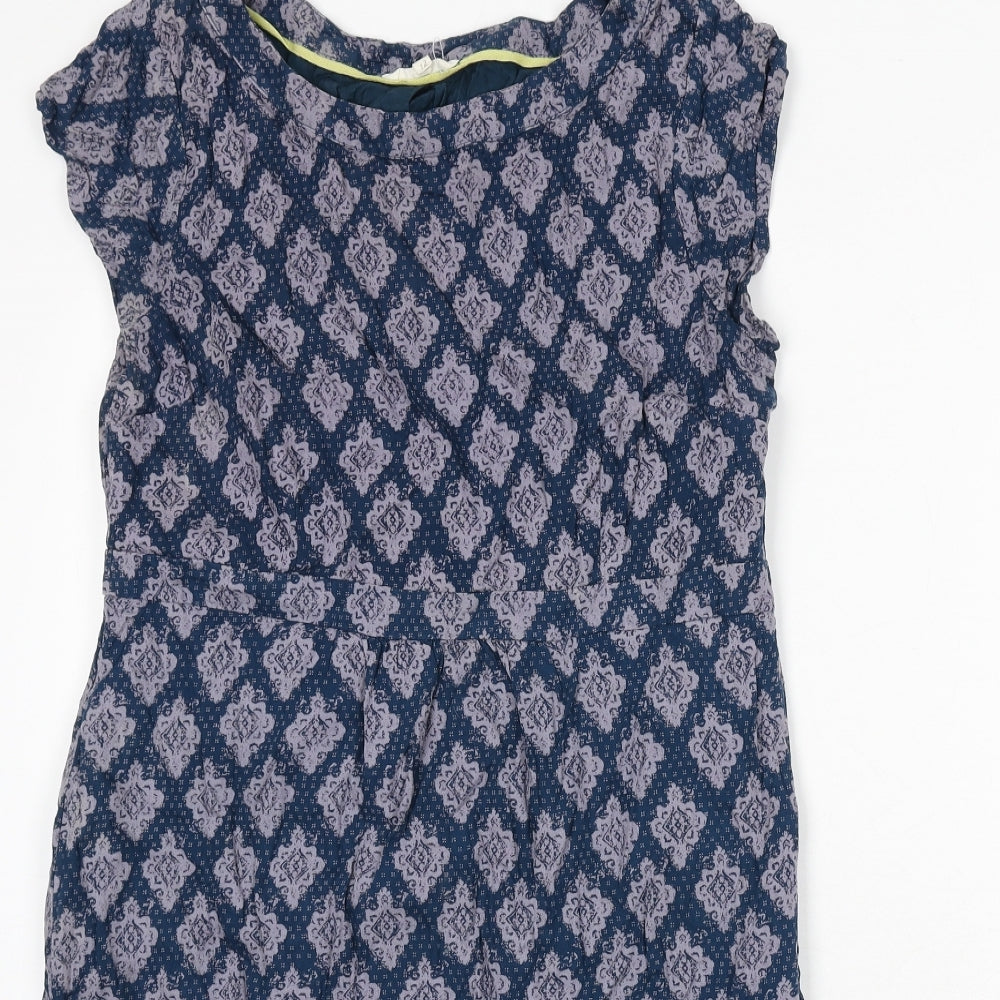 White Stuff Womens Blue Geometric Viscose A-Line Size 12 Boat Neck Zip