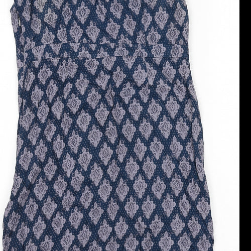 White Stuff Womens Blue Geometric Viscose A-Line Size 12 Boat Neck Zip