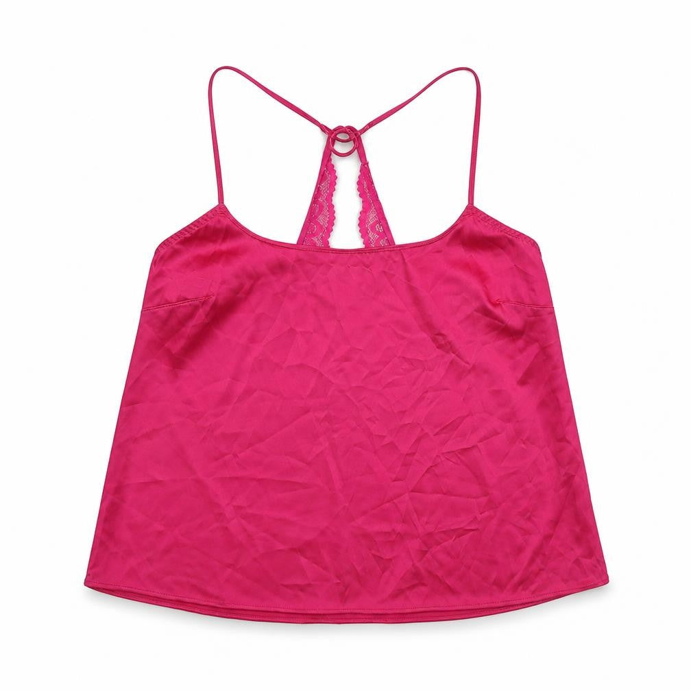 Front view of Marks & Spencer women’s pink solid polyester cami pyjama top, size S, - lace detail